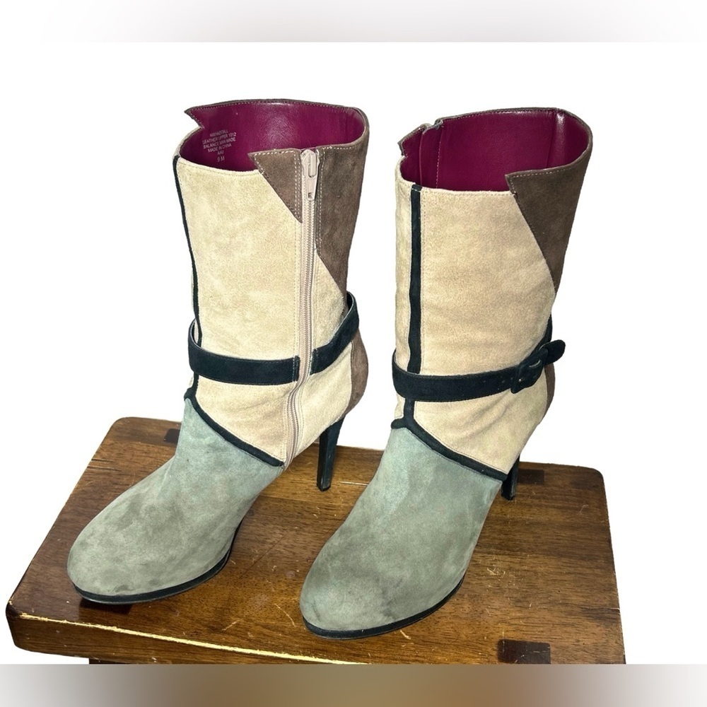 Nine West Genuine Suede Colorblock Mid-Calf Boots in Earthtones, 4.5” Heels, 9M